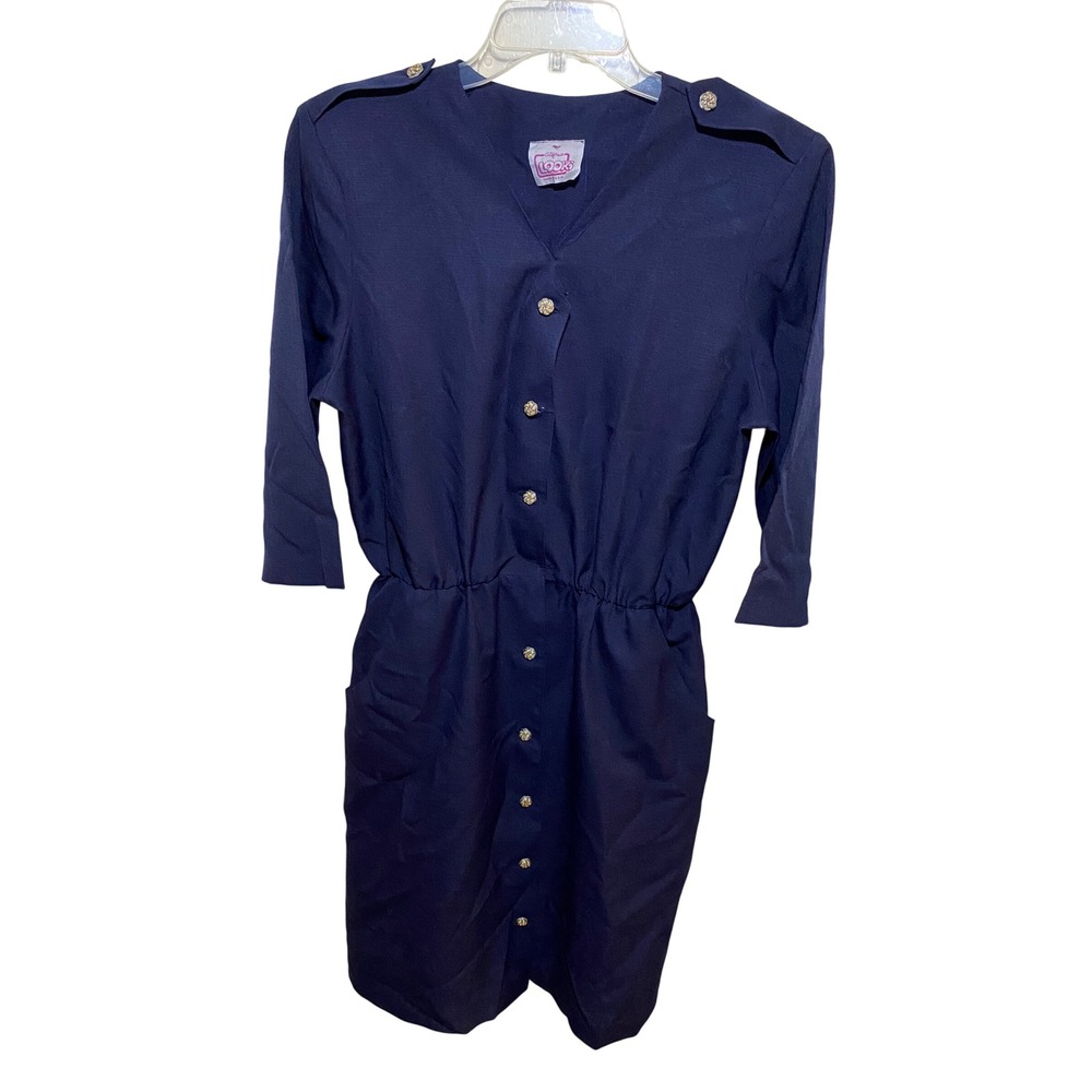 Vintage California Looks Navy Blue Button Front Dress‎ Gold Buttons USA Made